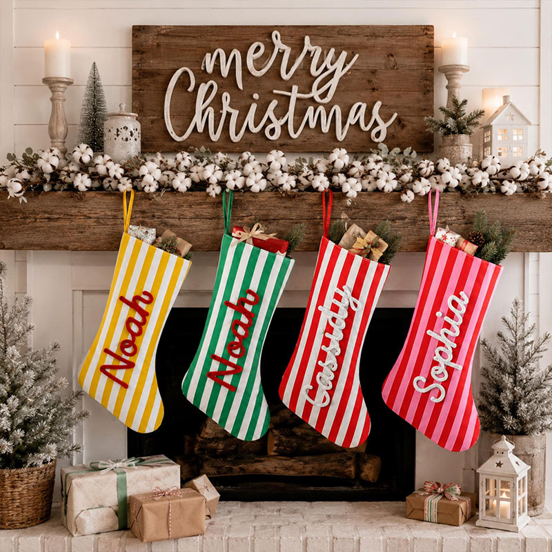 Personalized Christmas Stocking Custom Family Name Xmas Sock Striped Holiday Stocking Family Christmas Gift Boys Girls Stocking