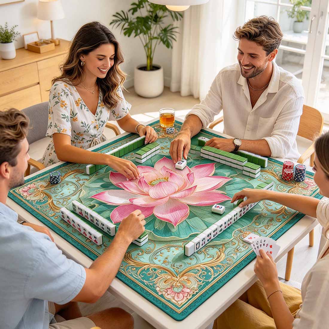 Mahjong Mat Pink Lotus Flower Mahjong Table Mat Elegant Floral Mah Jongg Mat Non Slip Game Mat