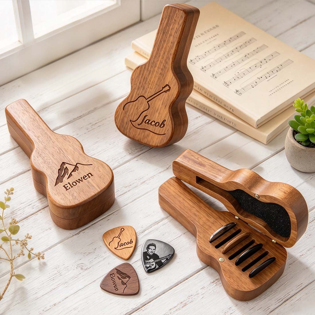 Personalized Engraved Monogram Letter Pattern Wooden Guitar Pick Holder Case with Name Music Accessories