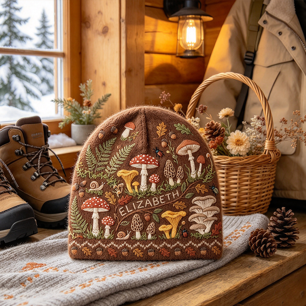 Personalized Forest Mushroom Printed Beanie | Custom Name Woodland Winter Knit Hat