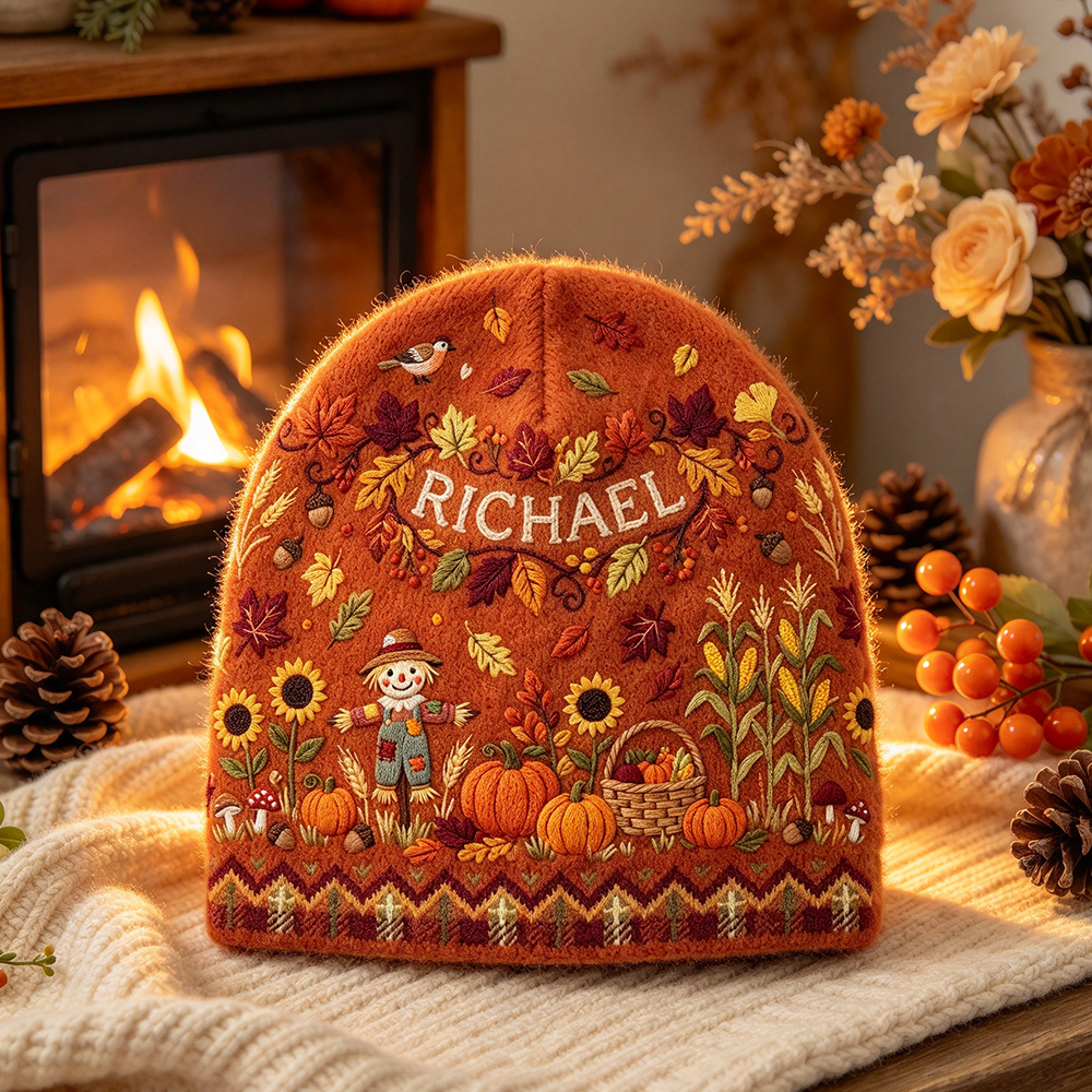Personalized Fall Harvest Beanie | Custom Name Pumpkin Scarecrow Autumn Knit Hat
