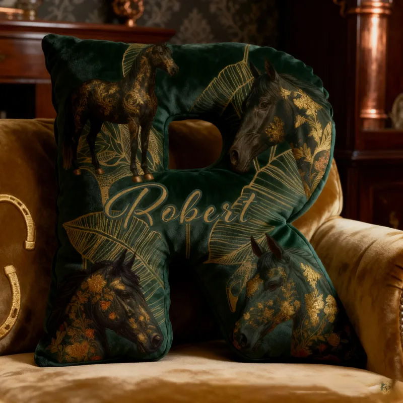 Personalized Riding Equestrian Leaves Letter Pillow Horse Custom Name Festive Golden Decor with French Countryside Gifts for Family Graphic 3D Print for Riding Lovers Equestrian Lovers
