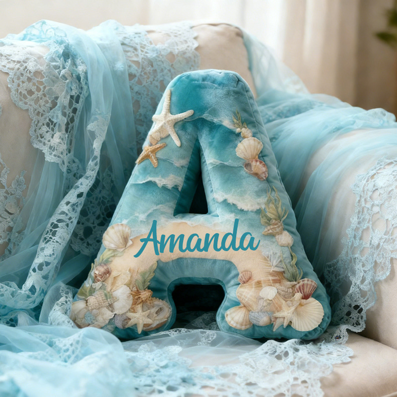 Personalized Seaglass Style Initial Pillow Custom Graphic 3D Print Ocean Style Letter Pillow 3D Graphic Print Home Decor Throw Pillow for Girl Friend Beach Keepsake Pillow