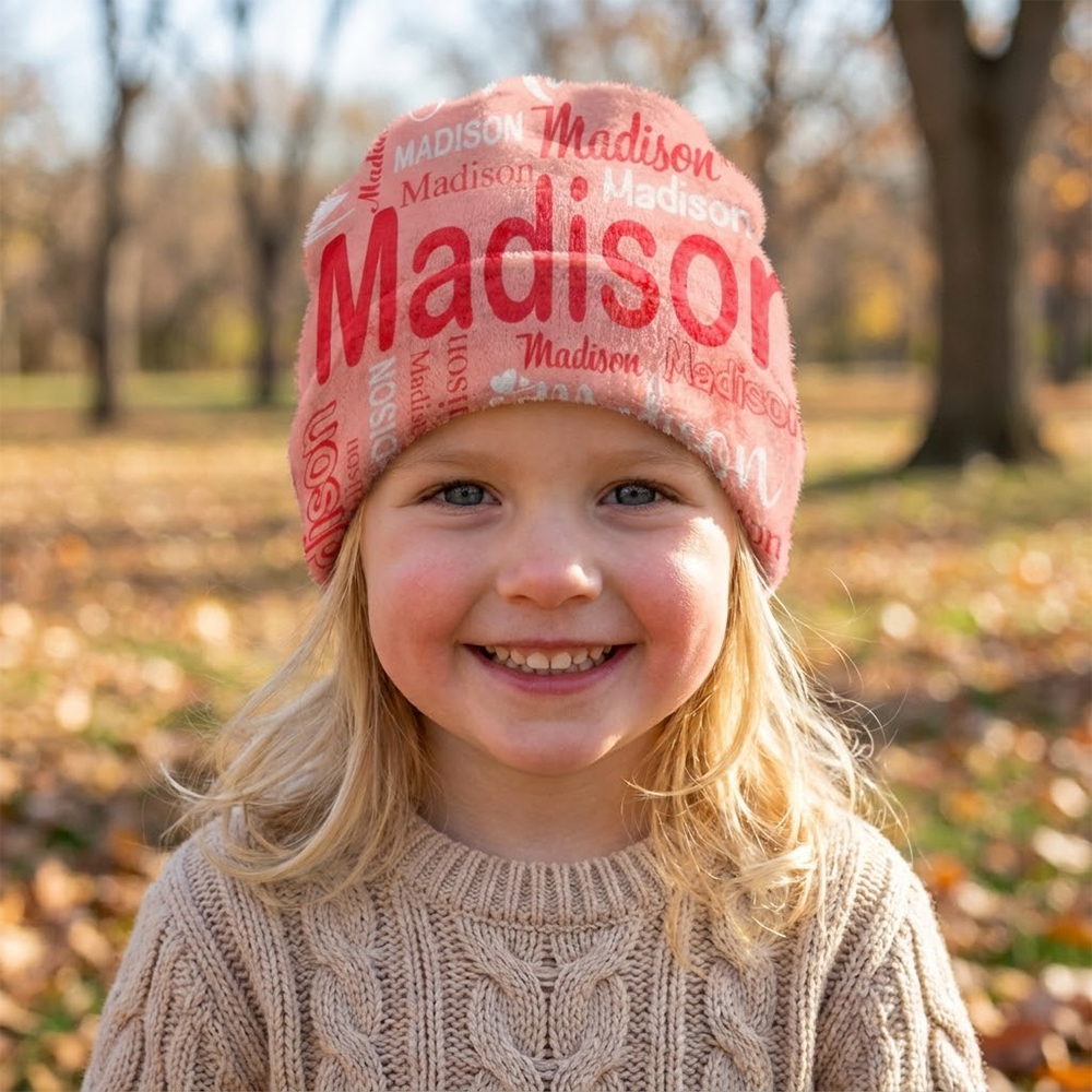 Personalized Name Knit Beanie Custom Word Cloud Soft Plush Warm Winter Hat