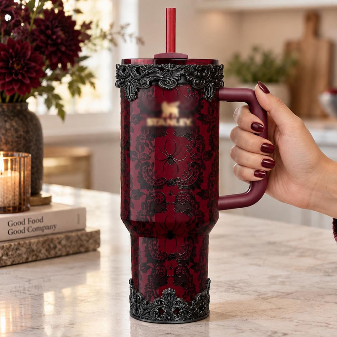3D Printed Black Ornate Scroll Lace Tumbler Accessories Victorian Gothic Bordeaux Lace Boot Lid Halo