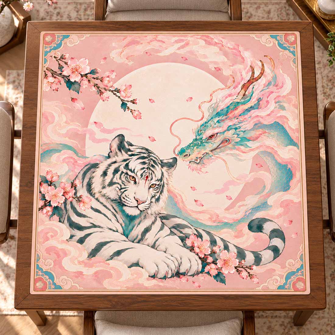 Dragon & White Tiger Cherry Blossom Mahjong Mat