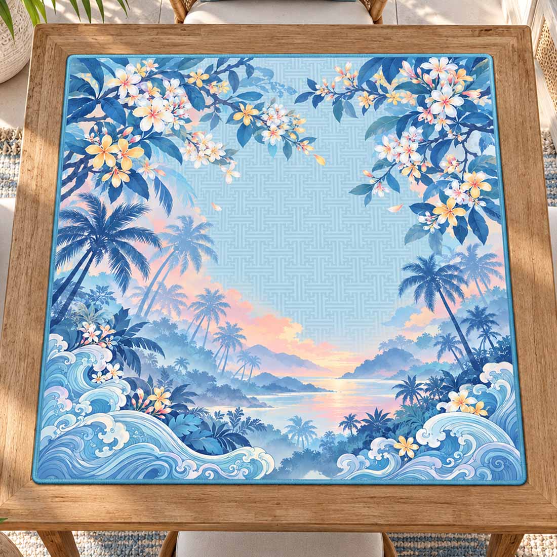 Tropical Plumeria & Ocean Wave Mahjong Mat