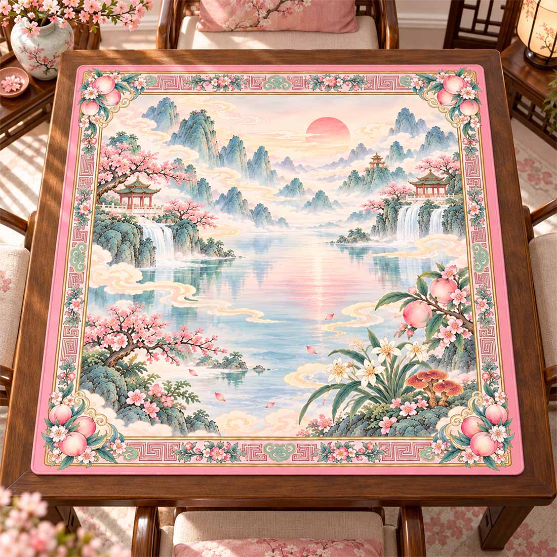 Pink Chinese Peach Blossom Mountain Landscape Mahjong Mat