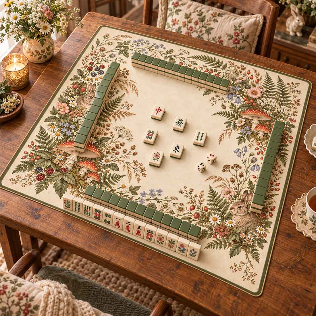 Vintage Forest Rabbit & Mushroom Wildflower Mahjong Mat
