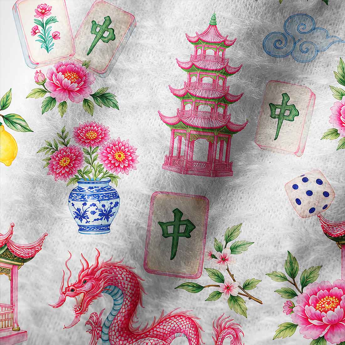 Retro Mahjong Women Cozy Fuzzy Beanie Chinoiserie Pattern Asian Art