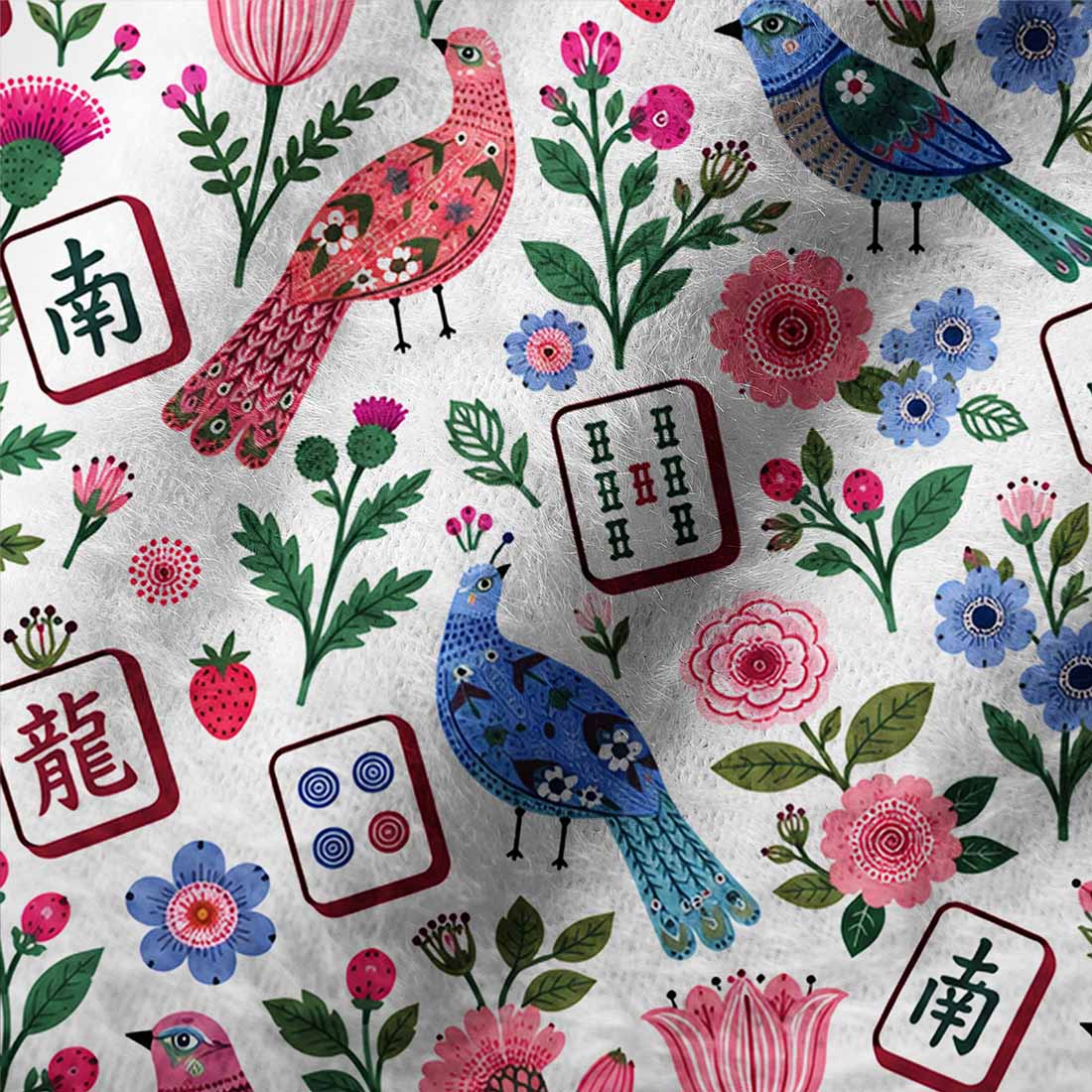 Mahjong Mahjong Floral Birds Women Cozy Fuzzy Beanie Chinoiserie Pattern Asian Art
