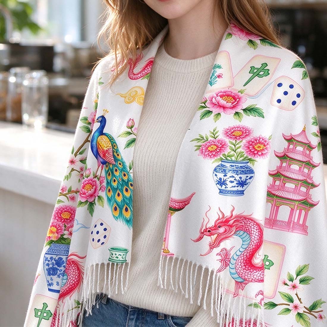Retro Mahjong Women Print Cozy Fringed Scarf Chinoiserie Pattern Asian Art