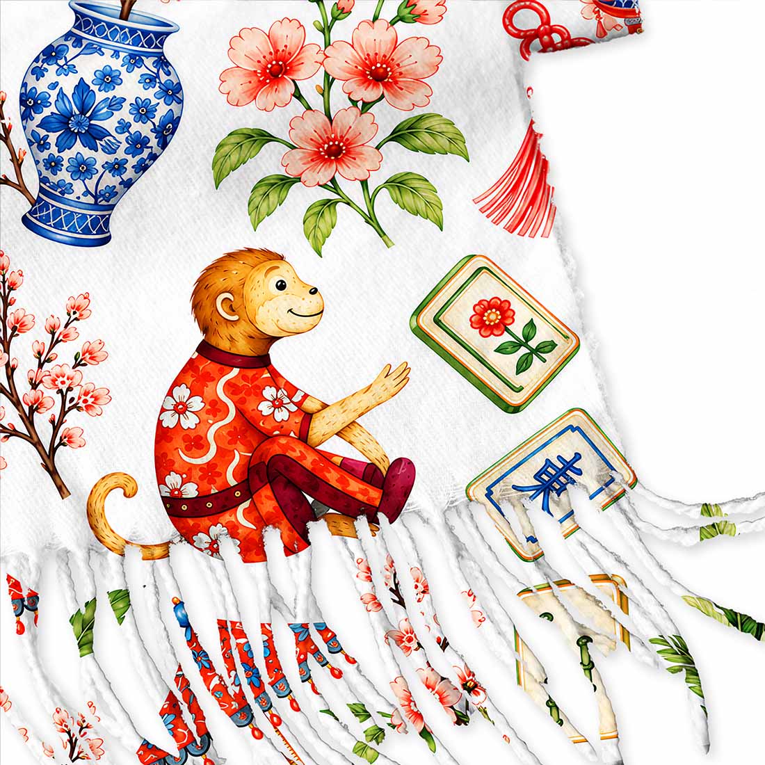 Preppy Chinoiserie Mahjong Women Print Cozy Fringed Scarf Chinoiserie Pattern Asian Art