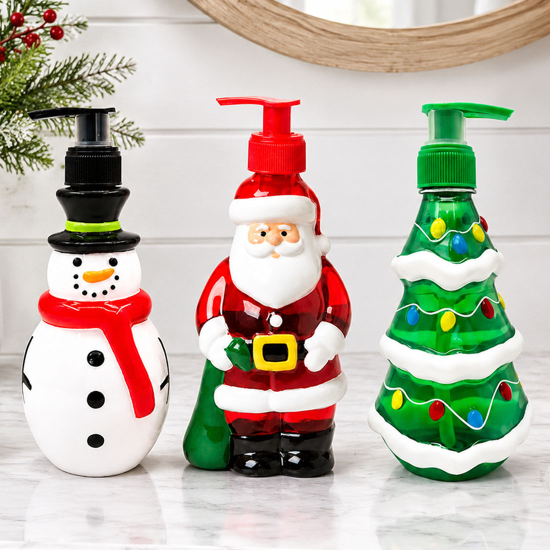 Christmas Snowman Santa Tree Soap Dispenser Holiday Hand Soap Pump Bottles