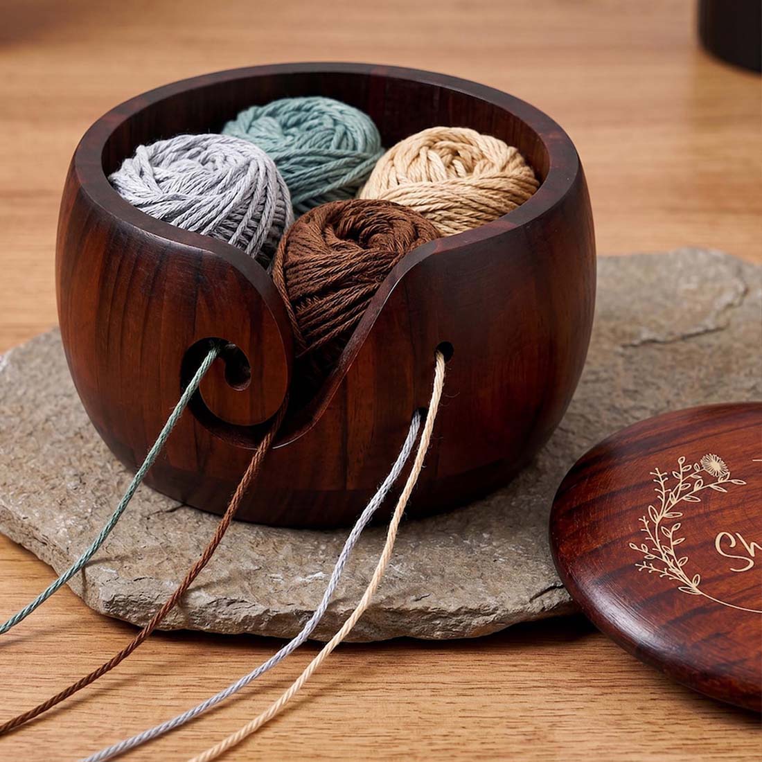 Personalized Birth Flower Wooden Yarn Bowl Custom Name Yarn Holder Yarn Lover Gifts