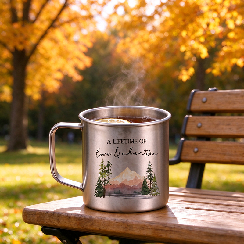 Personalized A Lifetime Of Love And Adventure Titanium Mug Set, Custom Couple Mountain Wedding Anniversary Camping Mugs