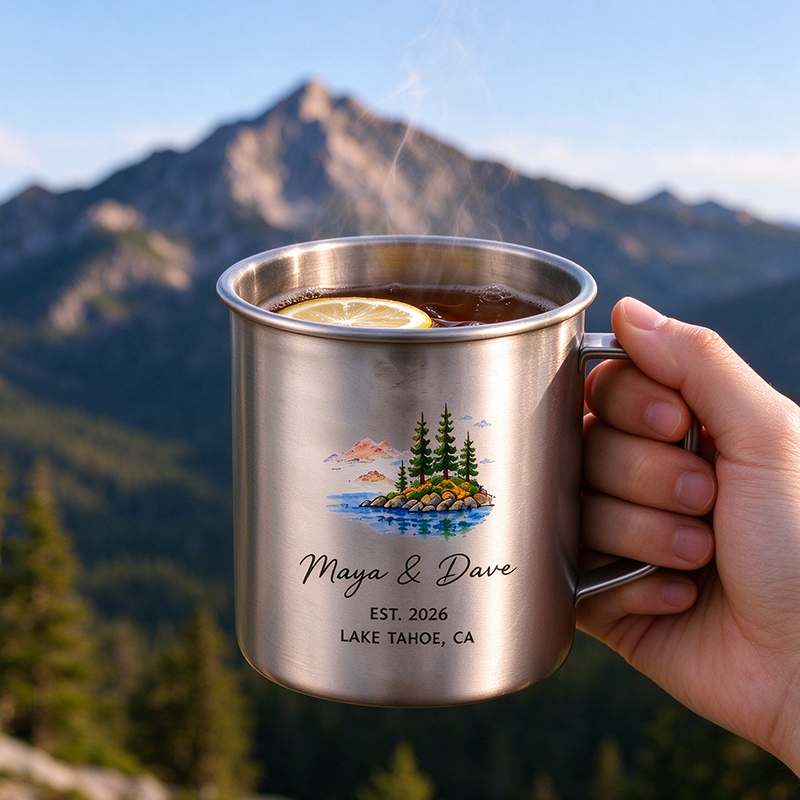 Personalized Adventure Awaits Lake Landscape Titanium Mug Set, Custom Couple Names Date Location Camping Mugs  