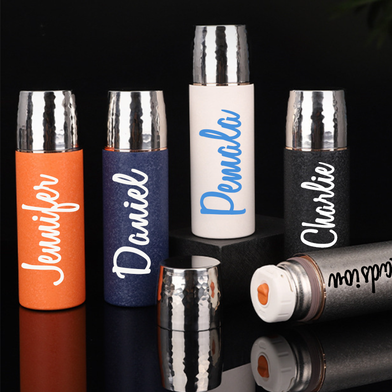 Personalized Hammered Lid Titanium Thermos Bottle, Custom Name Insulated Pure Titanium Water Flask Gift