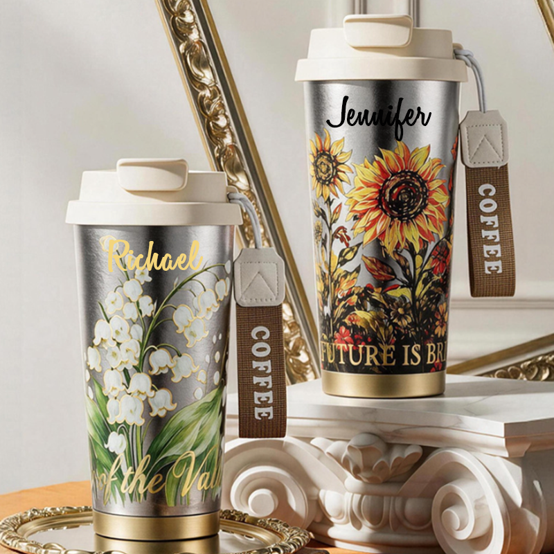 Personalized Floral Art Pure Titanium Travel Coffee Tumbler, Vintage Flower Insulated Cup With Carry Strap, Sunflower Lily of the Valley Iris Mountain Flower Mug