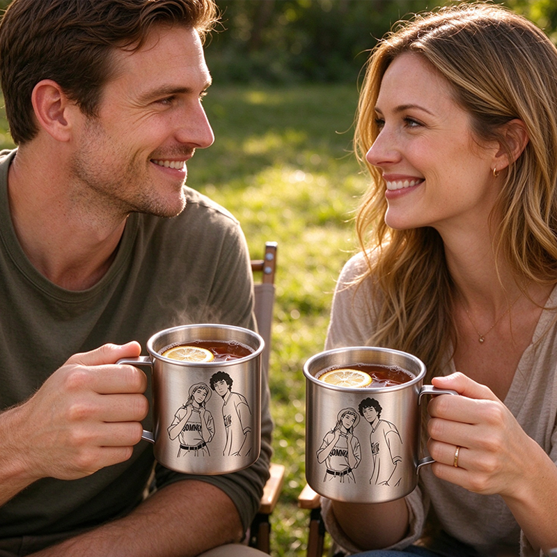 Personalized Photo Sketch Portrait Titanium Camping Mug, Custom Line Art Couple Portrait Coffee Cup, Anniversary Gift Mug