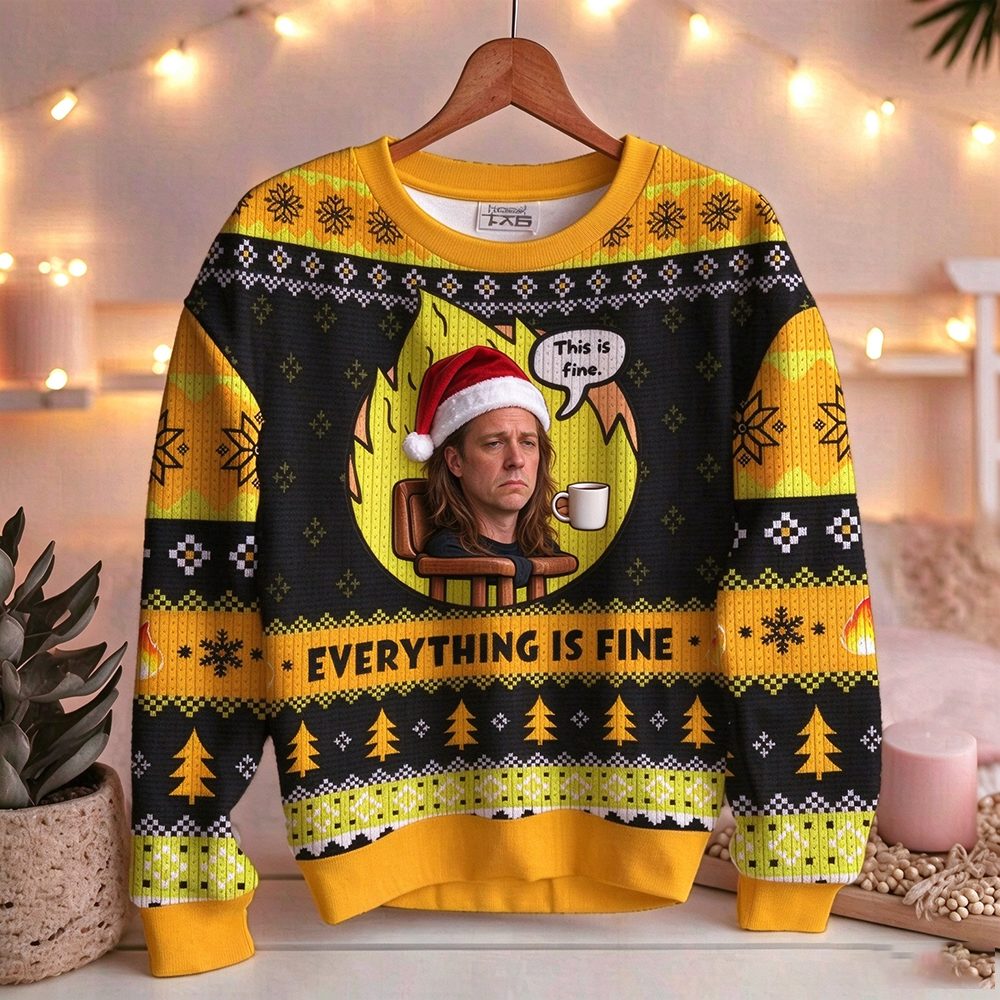 Personalized Photo Funny This Is Fine Ugly Christmas Sweater – Dog Meme Holiday Pullover, Everything Is Fine Xmas Gift