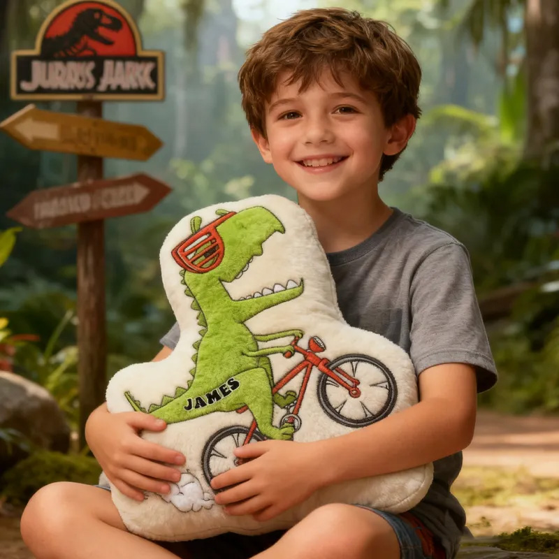 Personalized Dino Rider Bike Pillow Cozy Graphic 3D Print Cool Biker Dino Pillow Name Pillow Comfortable Travel Cushion for Kids Boys Riding Lovers