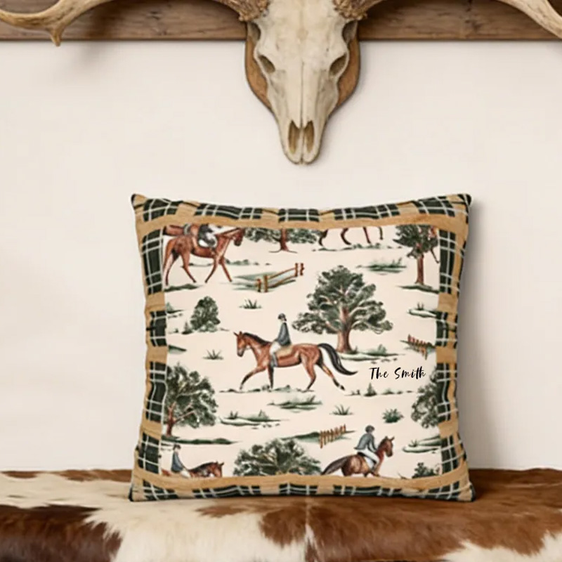 Personalized Equestrian Throw Pillow Equestrian Pillow Cover Plaid Horse Accent Pillow Farmhouse Decor for Riding Lovers Equestrian Lovers