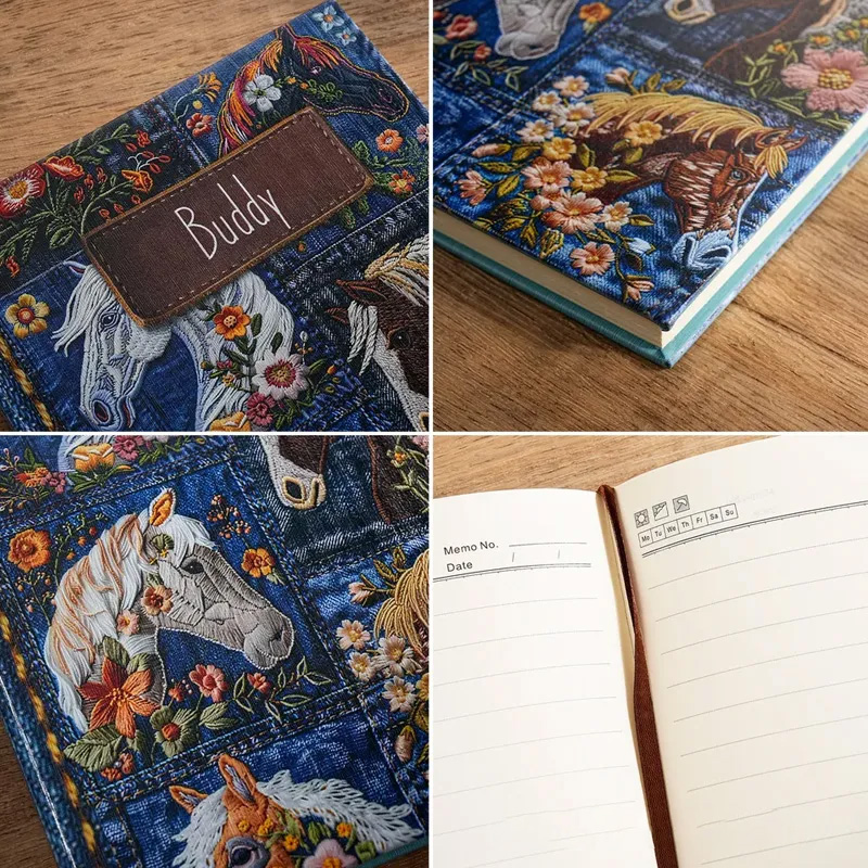 Personalized Faux Embroidered Horse Flower Denim Journal PU Leather Notebook Daily Use Birthday Gift for Horse Lovers Riding Lovers Equestrian Lovers