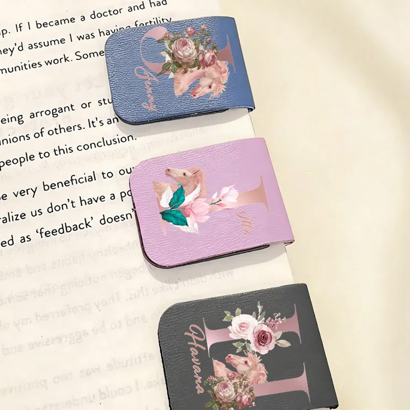 Personalized Initials Letter PU Leather Magnetic Bookmark Clip with Name Daily Use Birthday Gift for Book Lovers Riding Lovers Equestrian Lovers