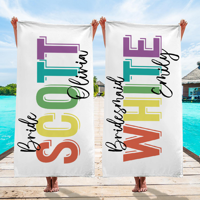 Personalized Bridesmaid Colorful Beach Towel Bride Name Beach Towel Bachelorette Party Gift