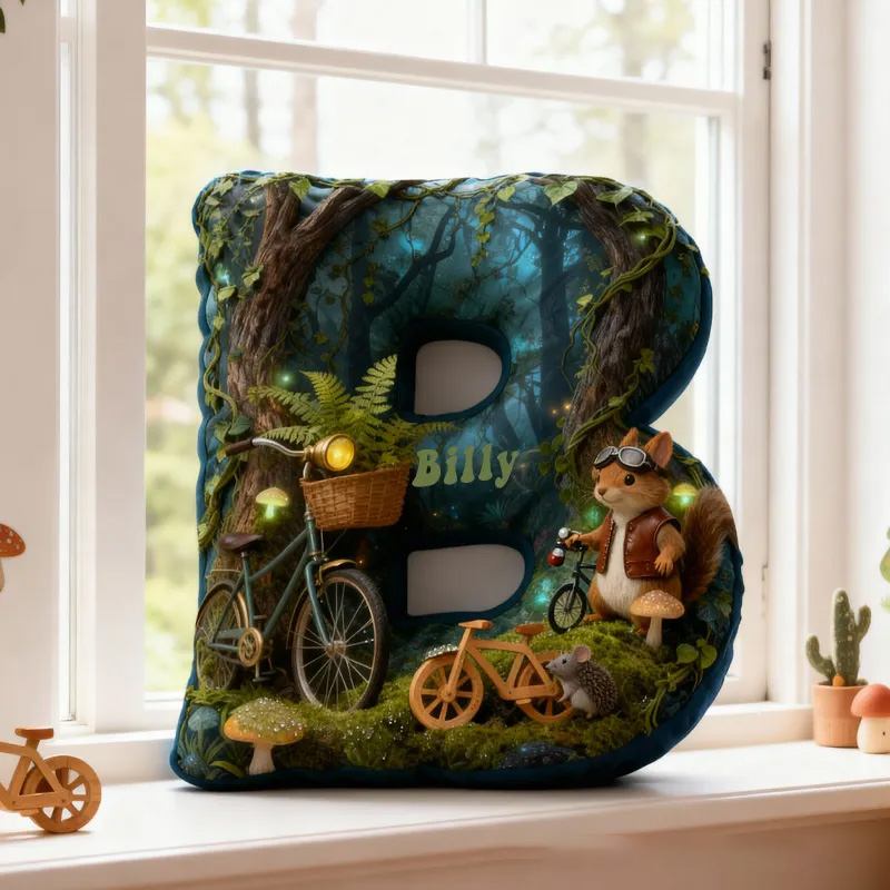 Personalized Forest Squirrel Bicycle Adventure Letter Pillow Custom Name Festive Decor with Bicycle Adventure Gifts for Family Graphic 3D Print Cycling Riding Lovers