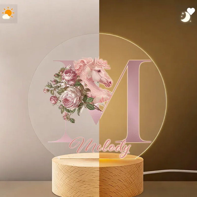 Personalized Fantasy Horse Riding Initial Name LED Night Light with Wooden Base Room Decor Baby Shower Birthday Gift for Kid New Mom Riding Lovers Equestrian Lovers