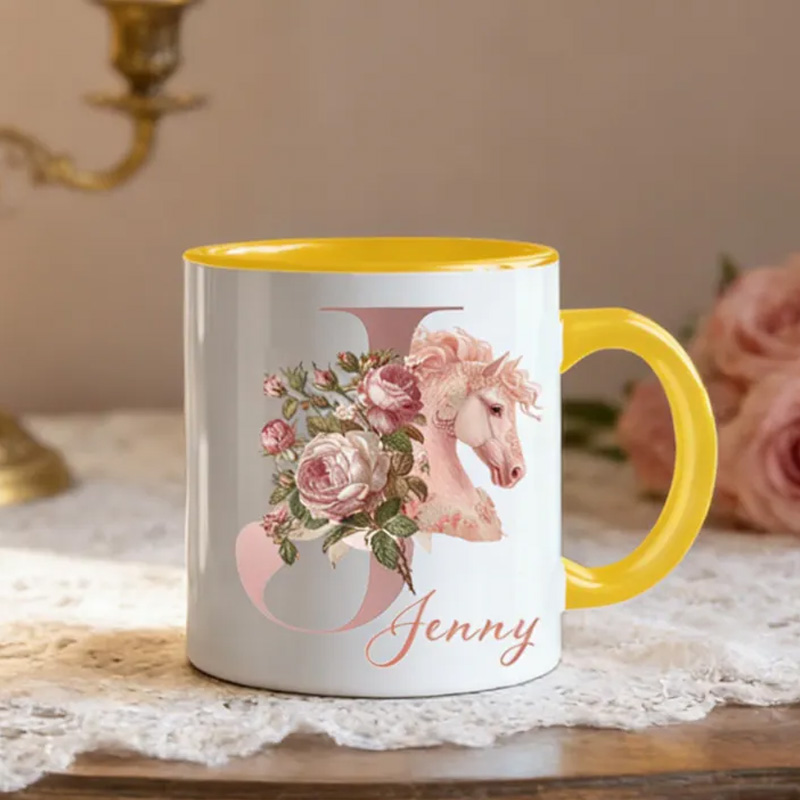 Personalized Initials 26 Letter Equestrian Mug Pink Flowers Horse Coffee Gift for Riding Lovers Equestrian Lovers