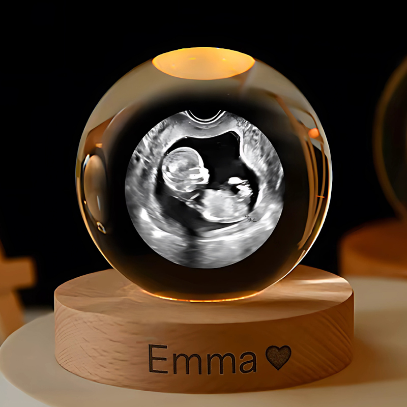 Personalized Crystal Ball Night Light Custom 2D Photo Ultrasound Picture Frames Luminous Wooden Base