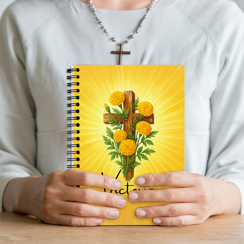 Personalized Cross Birth Flower Spiral Journal Notebook with Name Back to School Birthday Gift for Christian Student