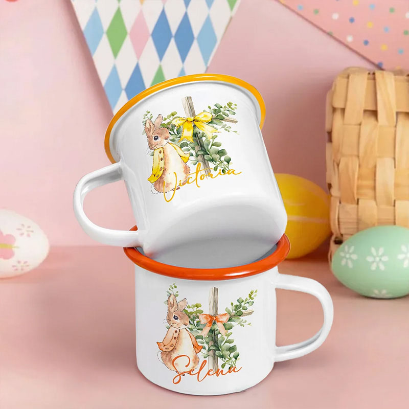 Personalized Cute Peter Rabbit Bow Cross Colored Rim Stainless Steel Enamel Mug with Name Easter Back to School Birthday Gift for Kids