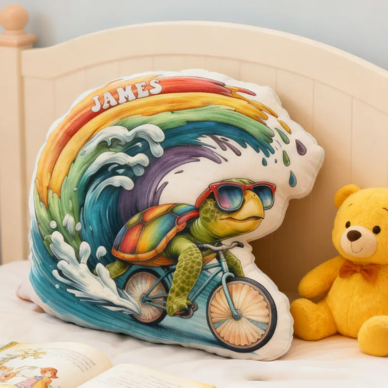 Personalized Sea ​​Turtle Rider Bike Pillow Cozy Graphic 3D Print Cool Racing Biker Rainbow Ocean Pillow Name Pillow Comfortable Travel Cushion for Kids Boys Riding Lovers