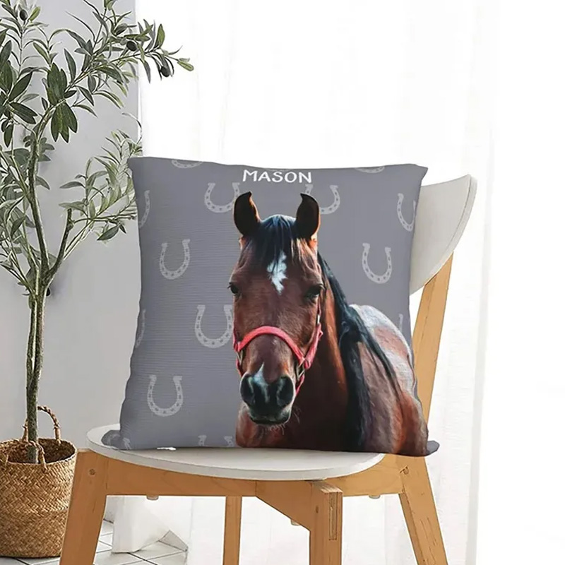 Personalized Horseshoe Horse Face Photo Throw Pillow Cover with Name Home Decor Birthday Anniversary Gift for Horse Owner Lover Equestrian Lovers