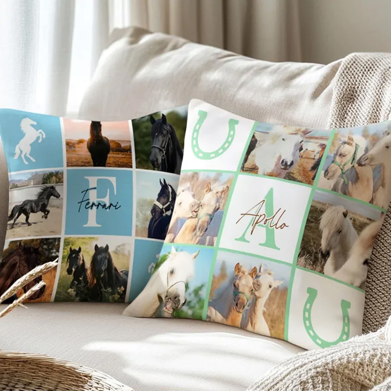 Personalized Nine Square Grid Photo Horseshoe Soft Throw Pillow Cover with Name and Initial Home Decor Equestrian Game Day Gift for Horse Lovers