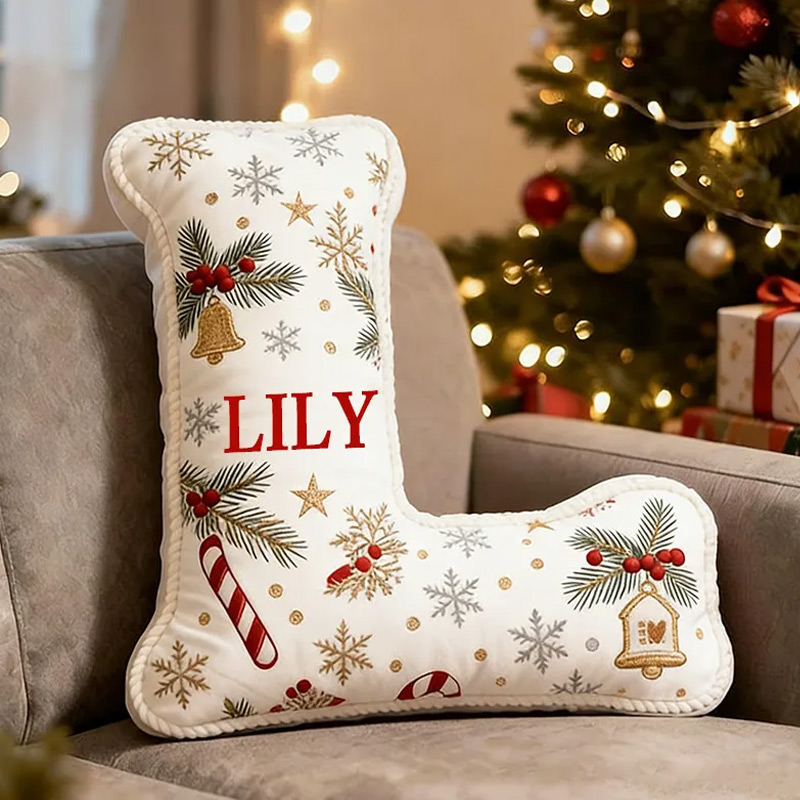 Personalized Christmas Initial Pillow Graphic 3D Print Custom Name Pillow Festive Holiday Decor Cozy Home Accent Soft Cushion Gift for Family and Kids 