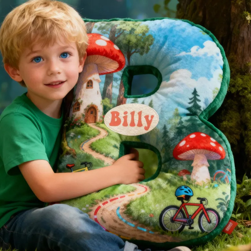 Personalized Forest Mushroom Bicycle Adventure Letter Pillow Custom Name Festive Decor with Bicycle Adventure Gifts for Family Graphic 3D Print Cycling Riding Lovers