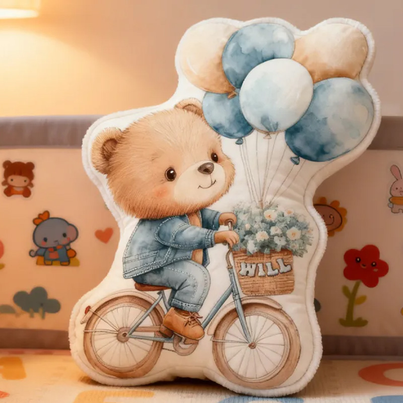 Personalized Teddy Riding Pillow Cozy Lovely Graphic 3D Print Bicycle Throw Pillow Name Pillow Comfortable Balloon Travel Cushion for Kids Girls Riding Lovers