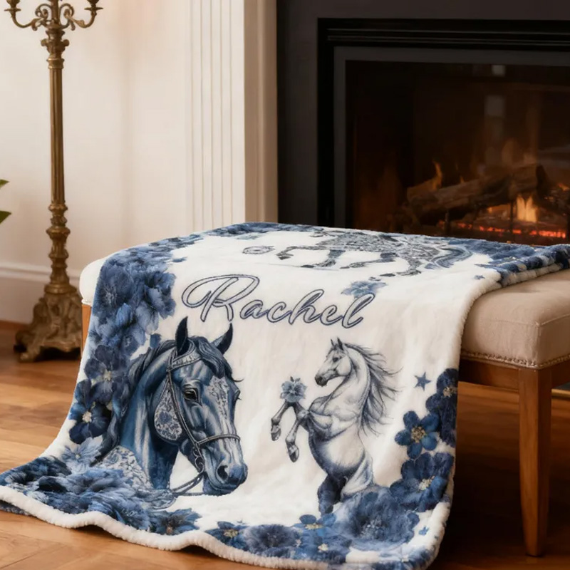 Personalized Riding Blanket Equestrian Horse Custom Name Blue And White Porcelain Decor with French Countryside Gifts Family Blanket for Riding Lovers Equestrian Lovers
