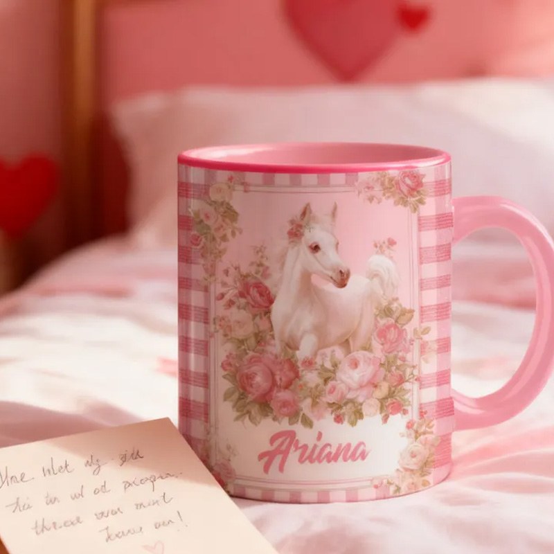Personalized Valentines Equestrian Mug Love You Pink Gingham Flowers Valentines Day Gift for Riding Lovers Equestrian Lovers