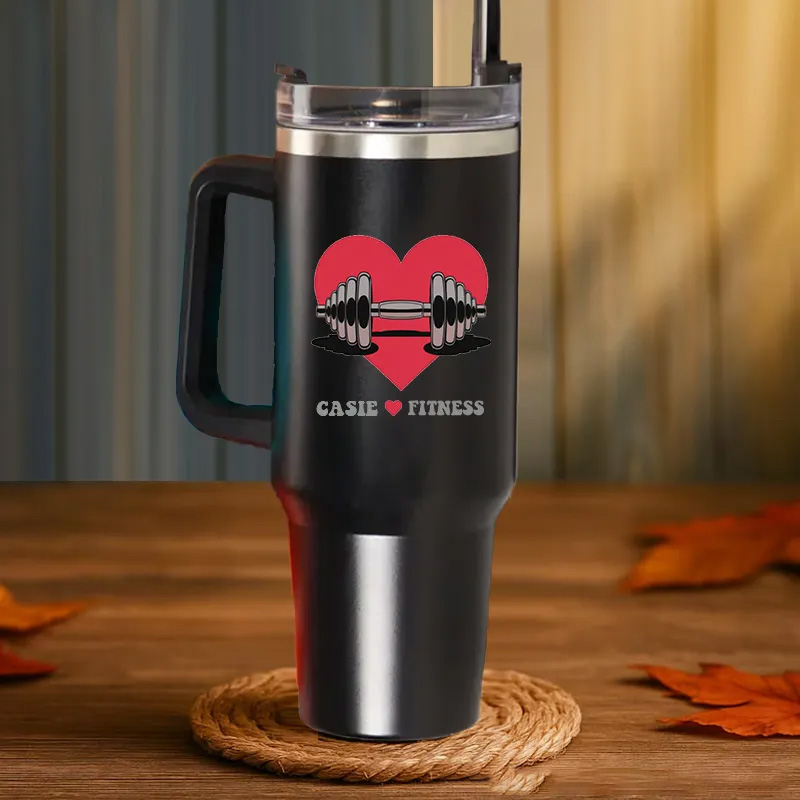 Personalized Handle Tumbler with Heart and Barbell Love Fitness Design for Gym Lover Fitness Durable Hot or Cold Drinks
