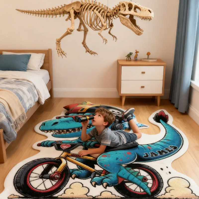Personalized Dino Rider Graphic Rug Doormat Kids Cycling Dinosaur Rug Doormat Children's Bedroom Playroom Rug Gifts for Kids Riding Lovers