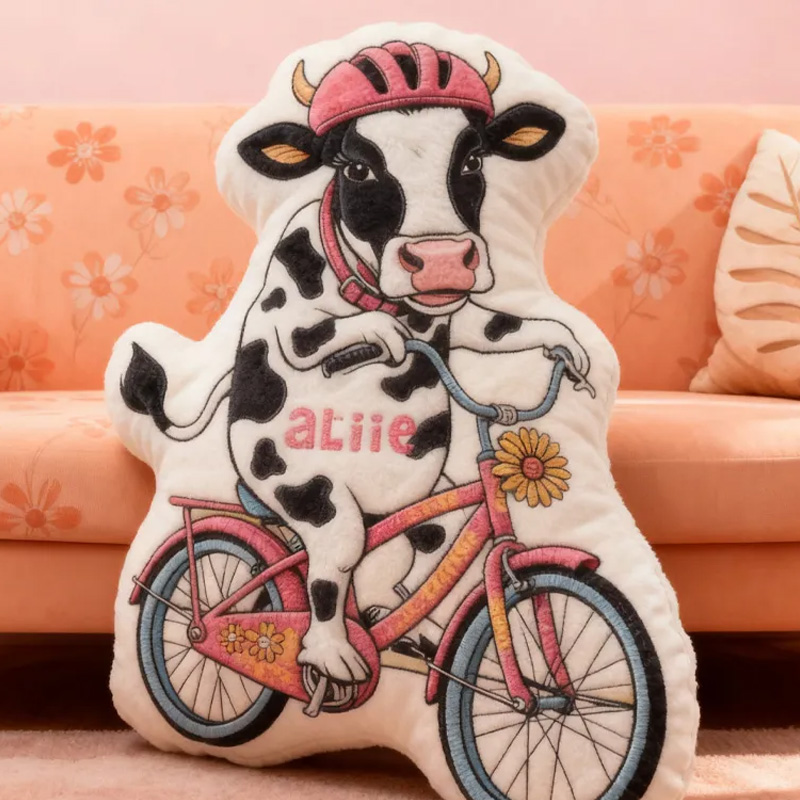 Personalized Cow Rider Bike Pillow Cozy Graphic 3D Print Funny Princess Pillow Name Pillow Comfortable Travel Cushion for Kids Girls Riding Lovers