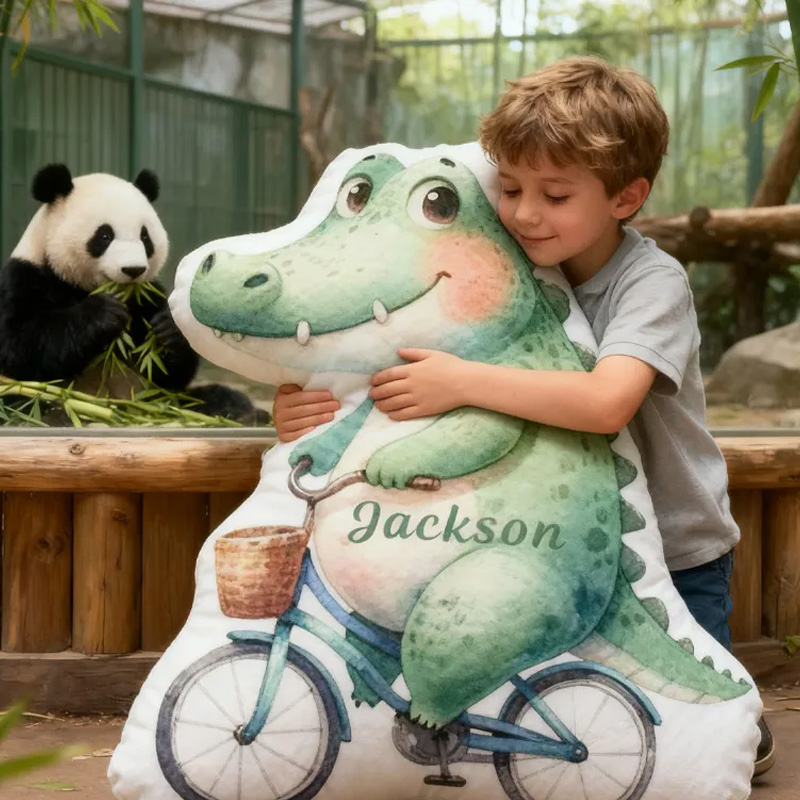 Personalized Crocodile Bike Pillow Cozy Graphic 3D Print Bow Pillow Name Pillow Comfortable Travel Cushion for Kids Riding Lovers