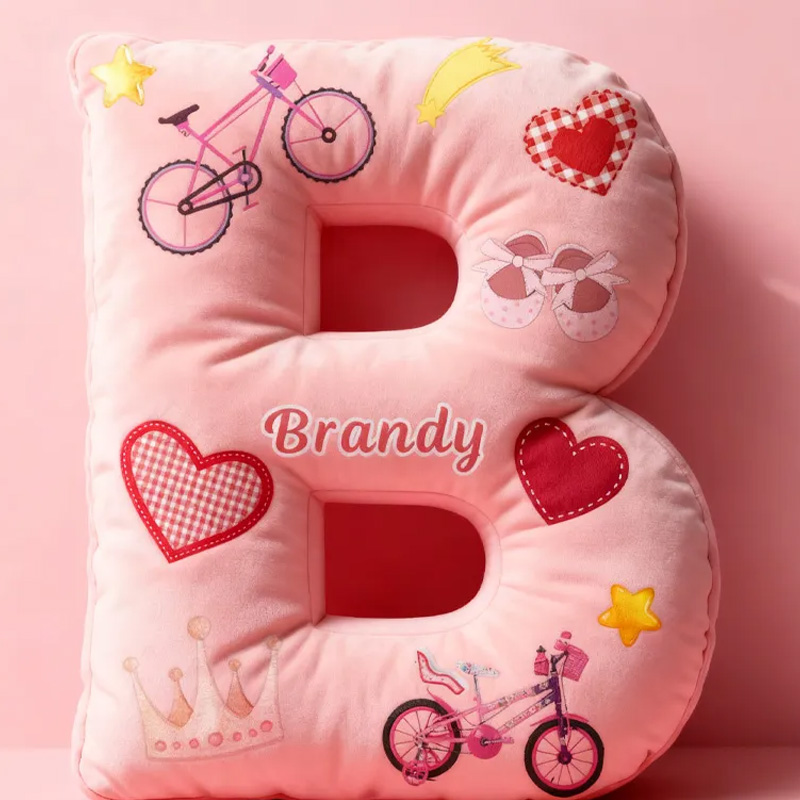 Personalized Cycling Pinky Heart Letter Pillow Graphic 3D Print Bow Letter Pillow Name Pillow Comfortable Travel Cushion for Riders Riding Lovers
