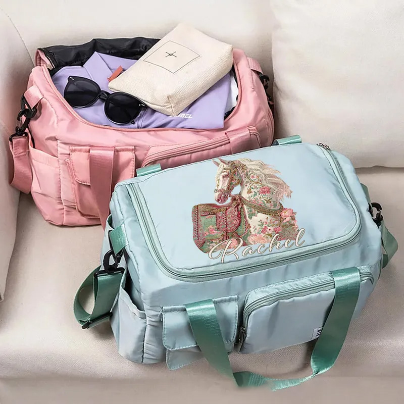 Personalized Horse Riding Duffle Bag Waterproof Equestrian Multi Compartment Travel Bag with Name and Shoulder Strap Travel Accessories Birthday Gift for Women Girls Overnight Bag Gift for Horse Lovers Riding Lovers Equestrian Lovers